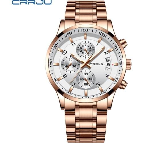 Top Brand CRRJU Mans Analogue Chronograph Quartz Watch with Stainless Steel Bracelete Luminous Wristwatch for Boys Calendar