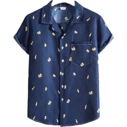 Funny Beer Print Mens Hawaiian Shirts Short Sleeve Casual Button Down Beach Shirts Tropical Aloha Party Clothing Chemise M-3XL