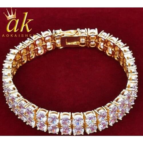 Mens Zircon Tennis Bracelet Hip Hop Style Fashion Jewelry 2 Row Gold Color AAA CZ Bracelet Link 8"