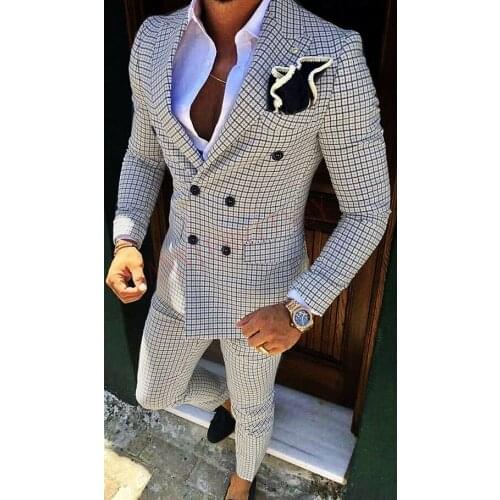 New Vogue Lattice Mens Suit Slim Fit Prom Wedding Suits for Men Groom Tuxedo Jacket Pants Set Custom White Casual Men Blazer
