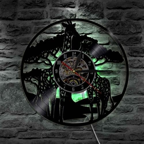 African Animal Giraffes Family Vinyl Record Wall Clock With Color Changing LED Light Modern Wall Lamp Home Decor