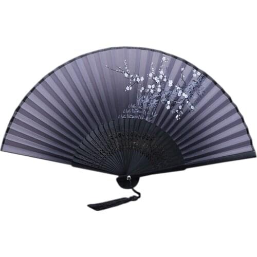Single Section Lily Flower With Fringed Simulation Silk Plum Blossom folding hand Fan Black Bone Blue Lily Flower Fan Home Decor