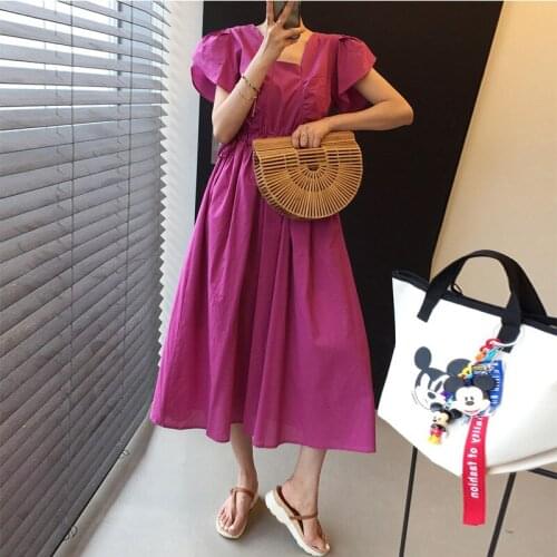 Solid Purple summer woman dress Square collar High Waist Korean holiday dresses women short Sleeves A-Line vestidos 2021