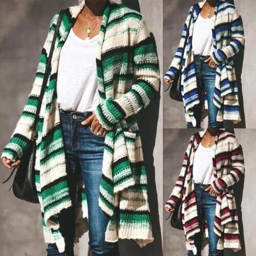 Autumn Sweater Women Long Sleeve Patchwork Knitted Open Front Rainbow Striped Cardigan Women Coat Sueter Mujer Invierno 2020