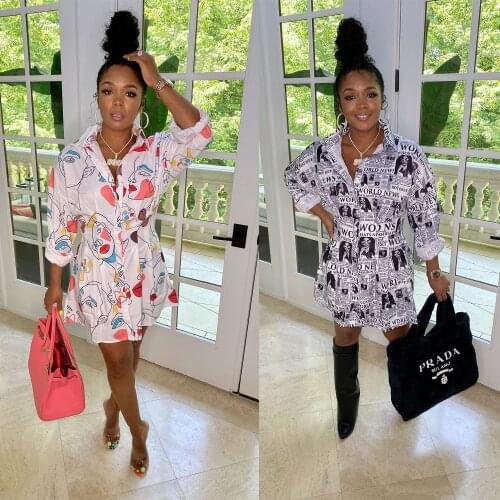 Echoine Newspapel print Shirt Dress Long Sleeve Button Elegant Dresses Party Night Club Outfits Streetwear Vintage Vestidos