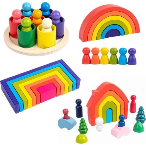 Rainbow Building Block Wooden Toys For Kids Creative Geometric Blocks House Montessori Educational Stacker Children Toy Gift