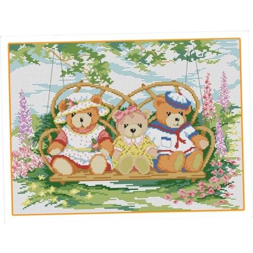 Dimensions Cross Stitch Kits Patterns Embroidery Kit - Cartoon Bears on Swing (STAMPED)