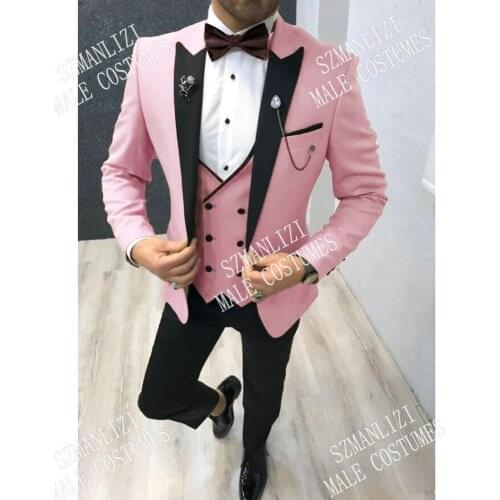 2020 Pink Smoking Jacket Black Lapel Suits For Men Custom Made Terno Slim Fit Groom Wear 3 Piece Wedding Mens Suit Best Man