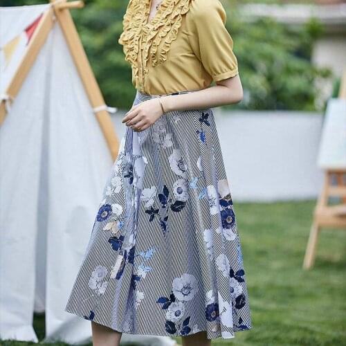 Silk stretch satin fabric summer new 19 Mumi blue and white vertical stripes floral printed fabric for dress shirt sewing