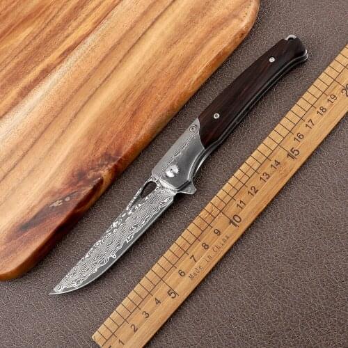 Damascus Steel Outdoor Folding Knife Wooden Handle Camping Survival Pocket Hunting Sharp High Hardness EDC Tool Fruit Knife
