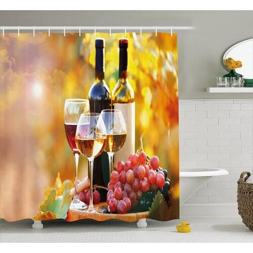 Wine Shower Curtain Tasty Wine on Wooden Barrel on Grape Plantation Countryside Harvest Rural Growth Waterproof Bath Curtains