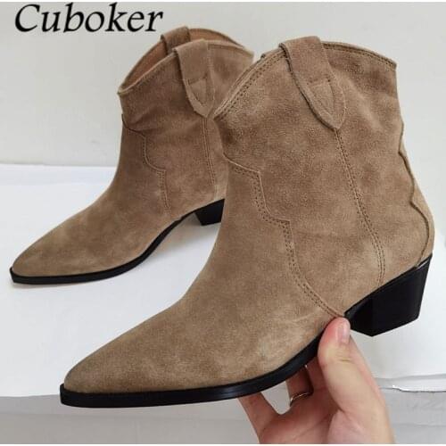 2021 Runway Women Boots Pointed Toe Chelsea Boots Kid Suede Short Ankle Chunky Heel Female Boots Brand Designer Shoes For Women