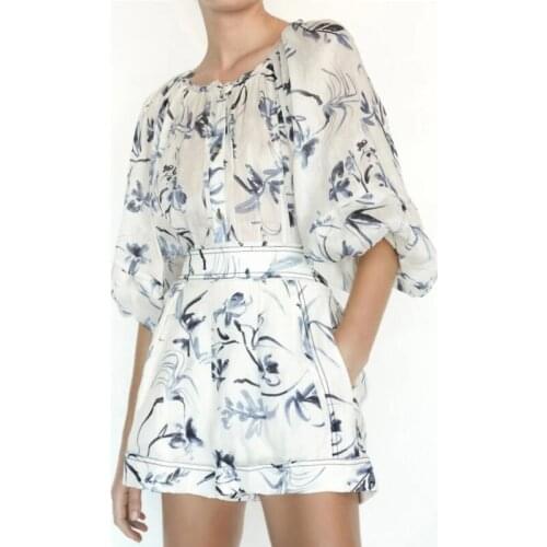 Women Silk Skirt Suit 2021 Silk Shirt Summer Female Ink Print Shorts Two piece Suit Lantern Sleeve Linen Top Women New