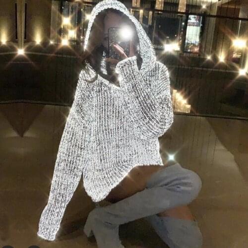 Womens sweater korean fashion hip hop oversized tops femme sexy hollow reflective pullover loose thin knitted hooded sweaters