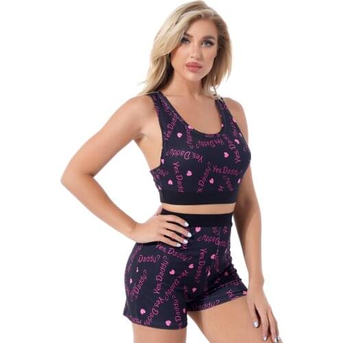 Women Round Neck sleeveless Lingerie Sleepwear Letter Print Pajamas Set Summer Sports Yoga Outfits Cropped Tank Top with Shorts