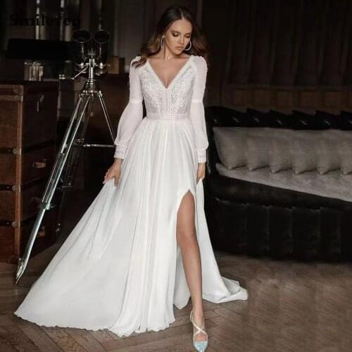 9943#Modest Chiffon Wedding Dresses Long Sleeve Boho Lace Bride Gown Sexy V Neck Side Split Wedding Gown Vestido de novia