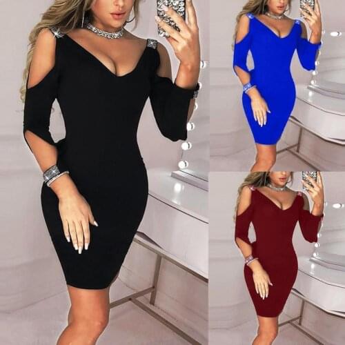 2021 Woman Evening ceremony clothes Party Lady Sexy Hot Drilling Cold Shoulder Long Sleeve V Neck Bodycon Mini Dress платье