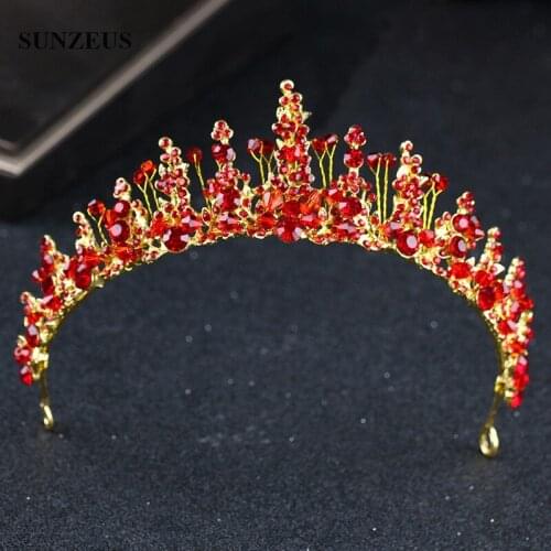 Chinese Style Gold Tiara Red Rhinestones New Bridal Crown Engagement Head Party Accessory Wedding Headband SQ0285