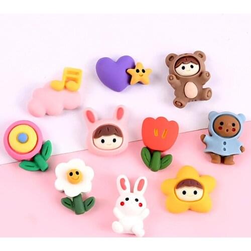 10Pcs/lot Cartoon Animals Flower Flat back Resin Cabochon Kawaii Scrapbooking Craft Fit Phone Decoration DIY Hair Bows Center