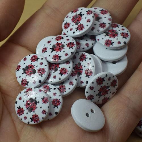 50PCS Ladybug Painting Wooden Buttons Sewing Clothes Boots Coat Accessories 2 Holes Wood Button for DIY Scrapbooking Decorative