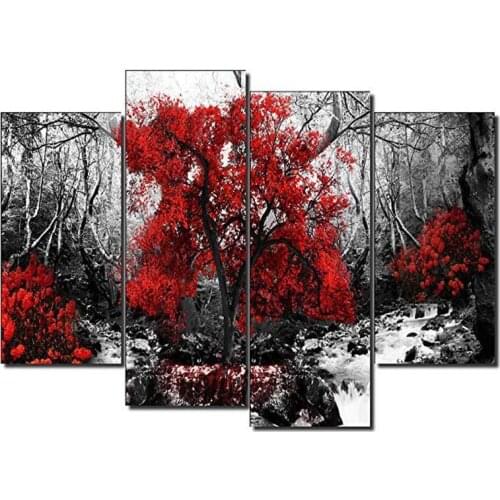 5D Diy Diamond Painting 4Pcs Natural Red Tree Waterfall Cross Stitch Kits Full Square Round Drill Mosaic EmbroideryZP-3914