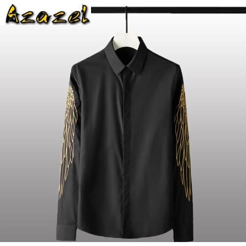 Azazel Cotton Mens Shirts Luxury Golden Wing 3d Embroidery Long Sleeve Mens Dress Shirts Fashion Slim Male Shirts Plus Size 4XL