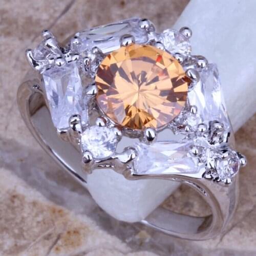 Glittering Champagne Morganite White CZ Silver Plated Ring Size 9 D897