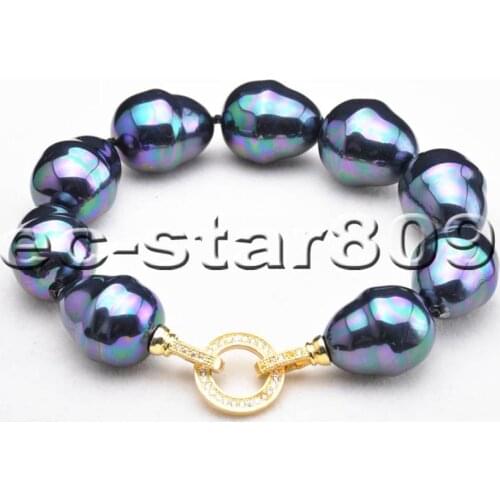 P5818 8" 20mm Peacock-Black Baroque SOUTH SEA SHELL PEARL Bracelet Woman Fashion Jewelry