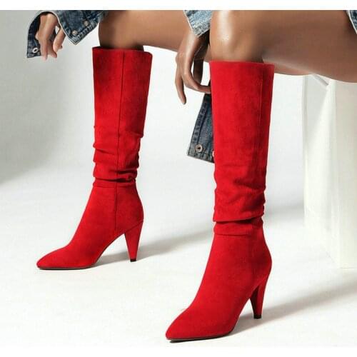 Flock Brand Design Women Knee High Boots Spike High Heel Women Pointed Toe Boots Fashion Pleated Womens Shoes Black Red Beige