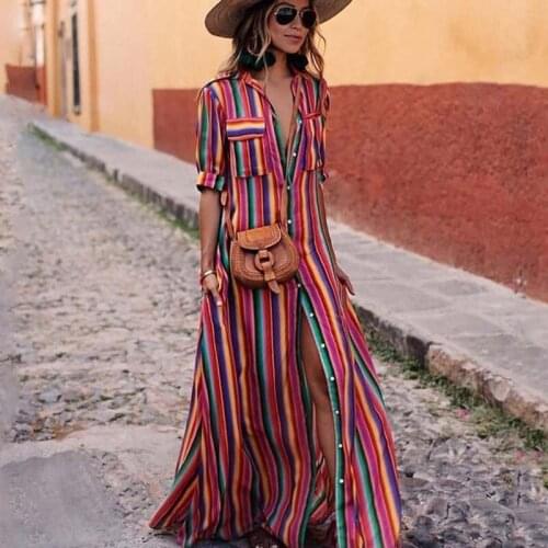 Striped Long Shirt Dress Women Elegant Button Half Sleeve Turn-down Collar Colorful Autumn Dress Casual Outwear Dress Robe Femme