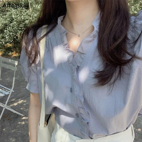 Women Shirts V-neck Short Puff Sleeve Solid Ruffles Sweet Gentle Teens All-match Single Breasted Elegant Blouses Retro Lovely