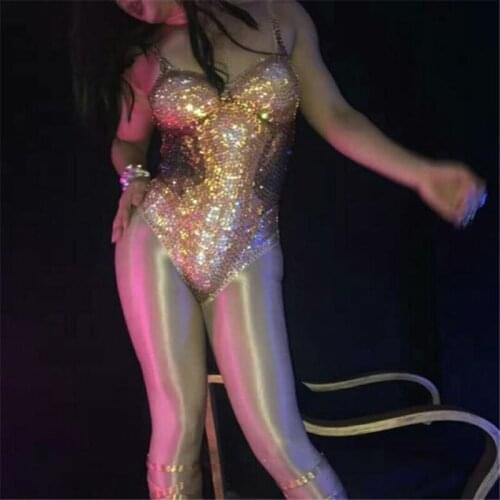 F79 Gold color sexy jumpsuit Rhinestone women dj ds bodysuit party bar performance outfit stage show model wears prom costumes