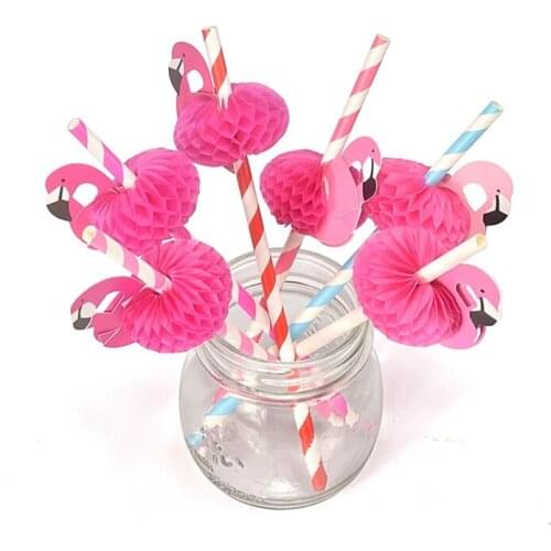 Flamingo Paper Honeycomb Ball Straws Supplies Photo Props Disposable Pink Blue Stripes Fruit Drinks Straw