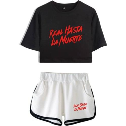 Real Hasta La Muerte 2D Anuel AA Midriff-baring Two Piece Set Summer Sexy Cotton T-shirt+Sport Shorts Women Hip Hop Casual Suits