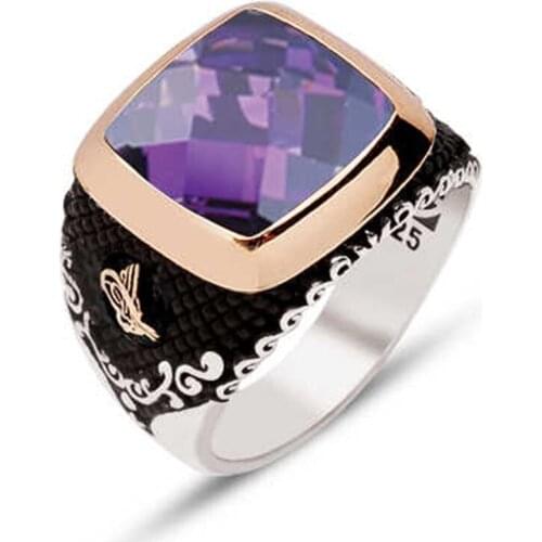 Silver Bevel Amethyst Gemstone Ottoman Tuğralı Male Ring