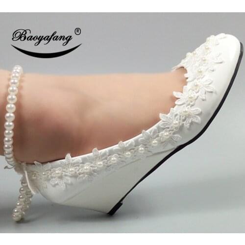 BaoYaFang 2018 New White Pearl Ankle strap Women Wedding shoes Flower Ladies Party dress shoes Female 5cm Wedges Fashion shoe