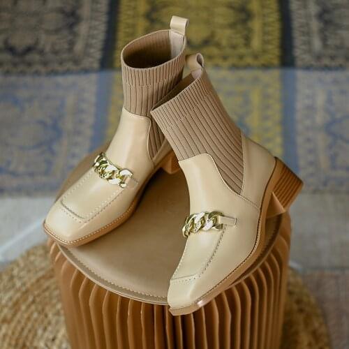 New Women Shoes Genuine Leather Slip-On Metal Chain Women Boots 2021 Knitting Ankle Boots for Women Zapatos De Mujer Sock Boots