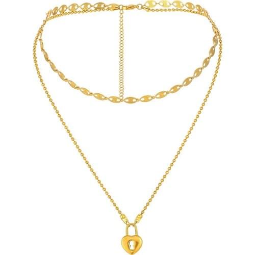 Stainless Steel Gold Bead Gold Lock Minimalism Pendant Necklace Women Fashion Long Chain Lock Necklaces Jewelry Gift For Him