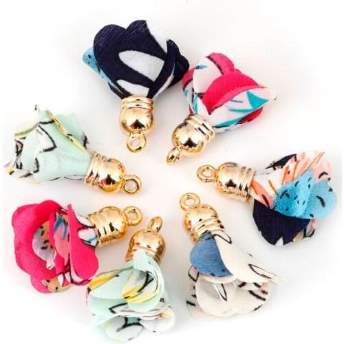 Mixed Color 10pcs/lot Fashion 30mm Chiffon Fabric Charm Flower Tassel for DIY Earring Necklace Keychain Handbag Jewelry Making
