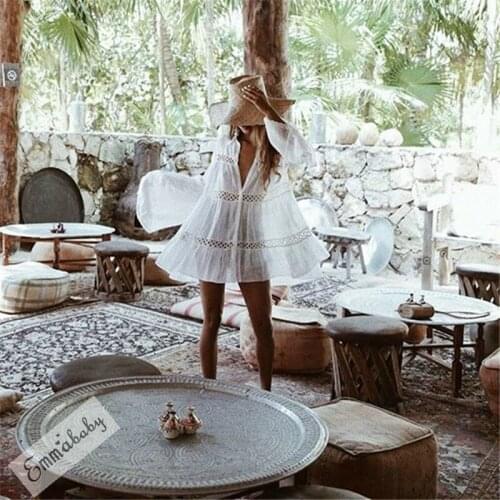 Sexy Women Bikini Beach Cover Up Swimwear Crochet Bathing Summer Short Dress Fashion Hollow Loose Sunscreen Long Sleeve Cover-up