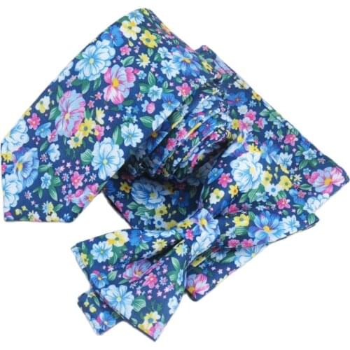 Blue flower necktie and bowtie matching pocket square red,yellow white small floral pattern fashion new style ties