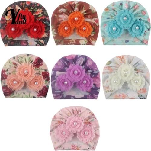 Yundfly 18*17 CM Vintage Flowers Pattern Baby Girls Turban Hat Fashion Handmade Floral Newborn Caps Print Headwear Photo Props