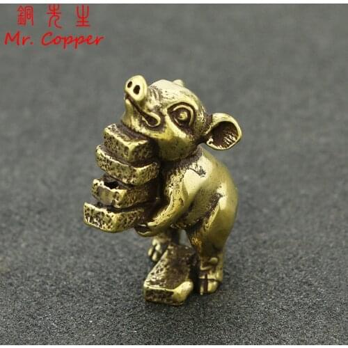 Vintage Brass Cute Pig Moving Brick Ornaments Copper Struggle Pig Hard Working Wealth Figurines Office Desk Feng Shui Decoration