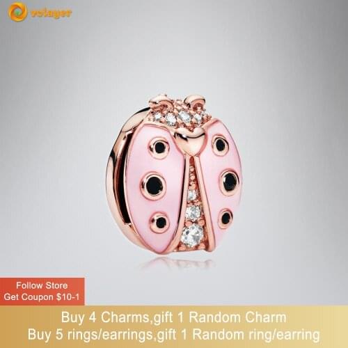 Volayer 925 Sterling Silver Bead Pink Ladybug Clip Charm fit Original Pandora Bracelets for Women Jewelry Making Gift
