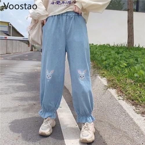 Japanese Sweet Lolita Rabbit Embroidery Sweatpants Women Cartoon Bunny Jeans Kawaii Loose Ruffles Denim Pants Girly Trousers