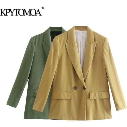 KPYTOMOA Women 2021 Fashion Double Breasted Loose Blazer Coat Vintage Long Sleeve Welt Pockets Female Outerwear Chic Veste
