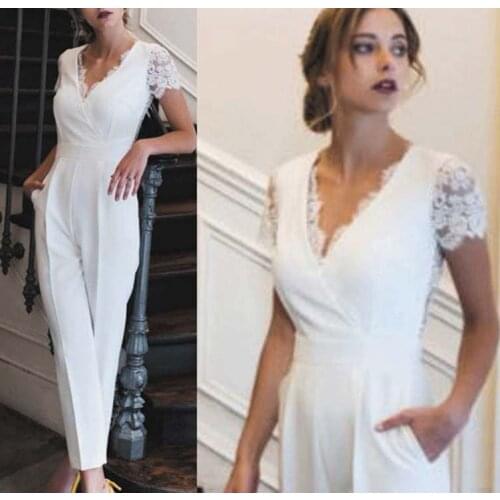 Abendkleider Lace Applique Jumpsuits for Women 2020 V Neck Elegant Ivory Pants for Weddings Robe De Mariee vestidos de novia