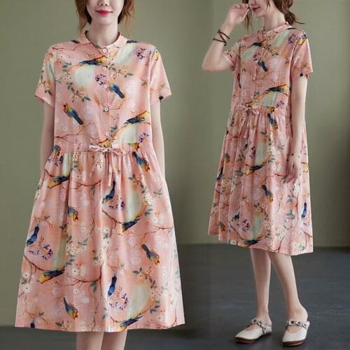 Cotton Linen WomenS 2021 Summer New Abstract Print Stand Collar Mid-Calf Length Drawstring Dress