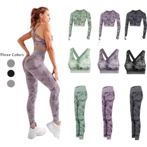 2PCS Camo Seamless Yoga Set Sportswear Women Fitness Clothing Booty Gym Leggings+Long Sleeve Crop Top Sport Suit Workout Clothes