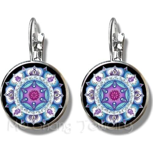 2018 Fashion Earrings Mandala Photo Art Glass Cabochon Sacred Geometry Yoga Om Silver Plated Stud Earrings For Women